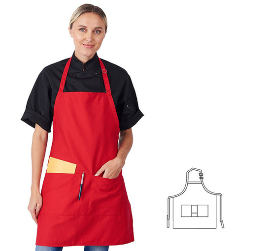 822P3A-RD - Adjustable Neck 3-Pockets Bib Apron - Red