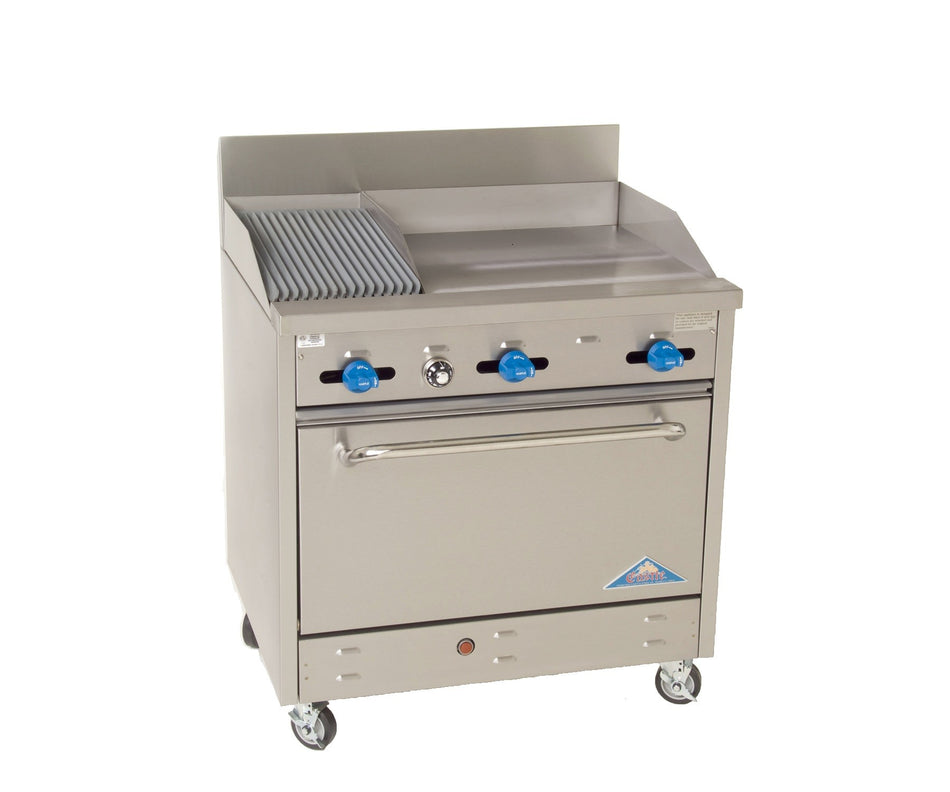 F330-1RB-24B 36″ Oven Range, 24″ Griddle w/ Cheese Melter, 12″ Char-Broiler.