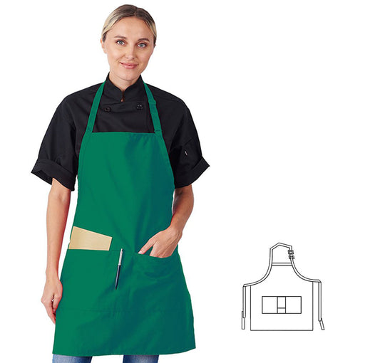 822P3A-KG - Adjustable Neck 3-Pockets Bib Apron - Kelly Green