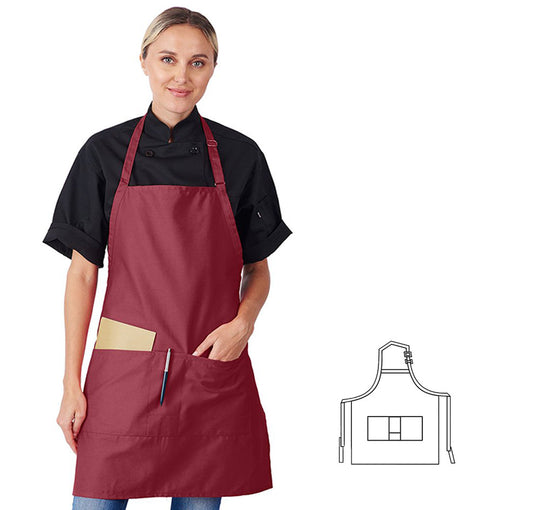 822P3A-BU - Adjustable Neck 3-Pockets Bib Apron - Burgundy