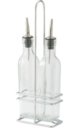 Oil/Vinegar Cruet Set with Chrome Plated Rack & Two Bottles    Also a great way to bottle and/or serve sauces and light syrups.