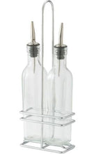 Load image into Gallery viewer, Oil/Vinegar Cruet Set with Chrome Plated Rack &amp; Two Bottles    Also a great way to bottle and/or serve sauces and light syrups.