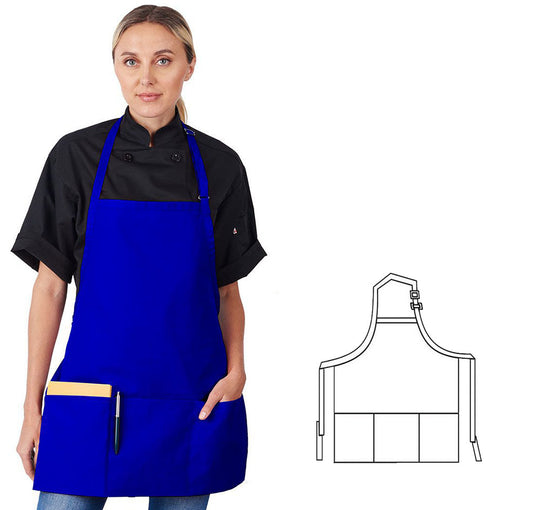 833P3A-RB - 3/4 Bib Apron W/ 3 Section Fold-Up Pockets - Royal Blue