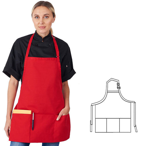 833P3A-RD - 3/4 Bib Apron W/ 3 Section Fold-Up Pockets - Red