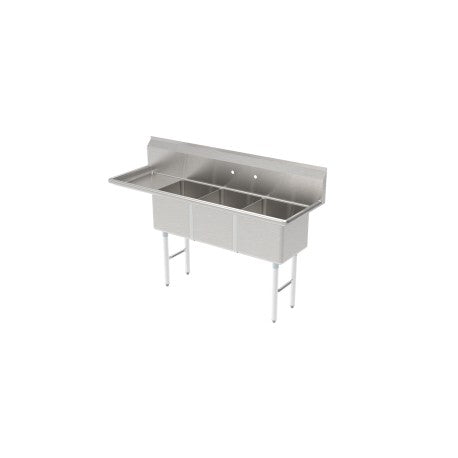SH18243L - 3 Comp Sink, 18” x 24” x 14”, w/ Left Drainboard, 16 ga.