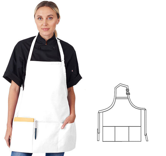 833P3A-WH - 3/4 Bib Apron W/ 3 Section Fold-Up Pockets - White