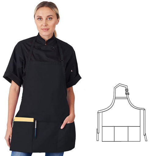 833P3A-BK - 3/4 Bib Apron W/ 3 Section Fold-Up Pockets - Black