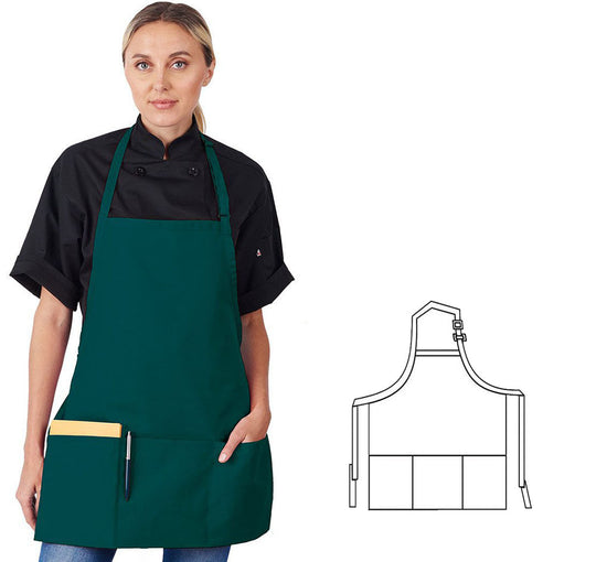 833P3A-HG - 3/4 Bib Apron W/ 3 Section Fold-Up Pockets - Hunter Green