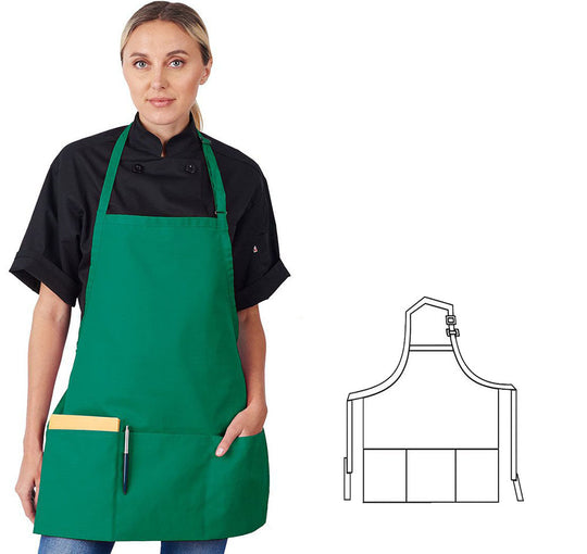 833P3A-KG - 3/4 Bib Apron W/ 3 Section Fold-Up Pockets - Kelly Green