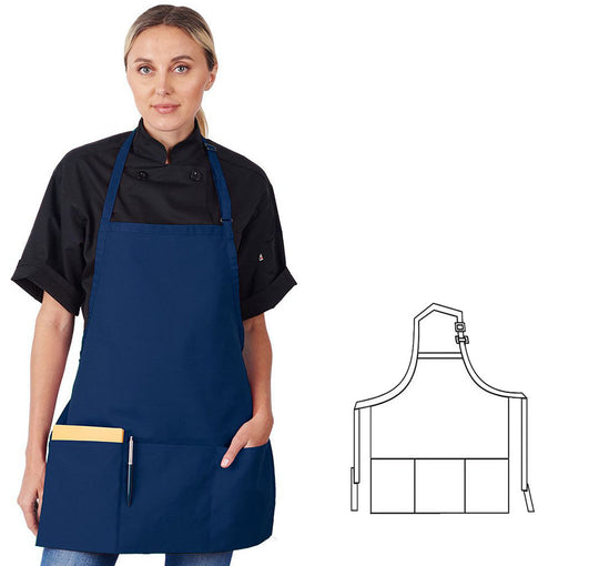 833P3A-NY - 3/4 Bib Apron W/ 3 Section Fold-Up Pockets - Navy