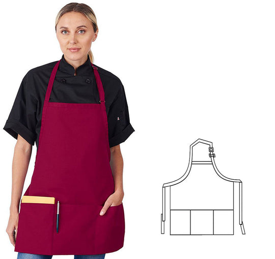 833P3A-BU - 3/4 Bib Apron W/ 3 Section Fold-Up Pockets - Burgundy