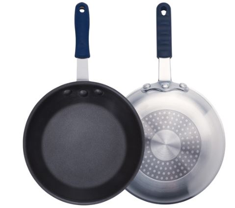 AFPI-8NH Induction Ready Aluminum Fry Pan, Stainless Steel Bottom, Non-Stick   Hybrid technology bonds a stainless steel plate to aluminum cookware, as effective in utilizing induction technology as full stainless steel cookware.