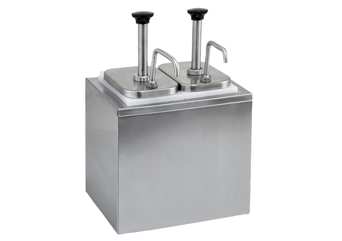 PKTS-2 Condiment Dispenser-Durable 18/8 stainless steel, heavy duty pump Two (2) 3-1/2 Qt plastic fountain jars included (7 Qt total) Each pump dispenses between 1 oz and 1-1/4 oz portions, depending on viscosity
