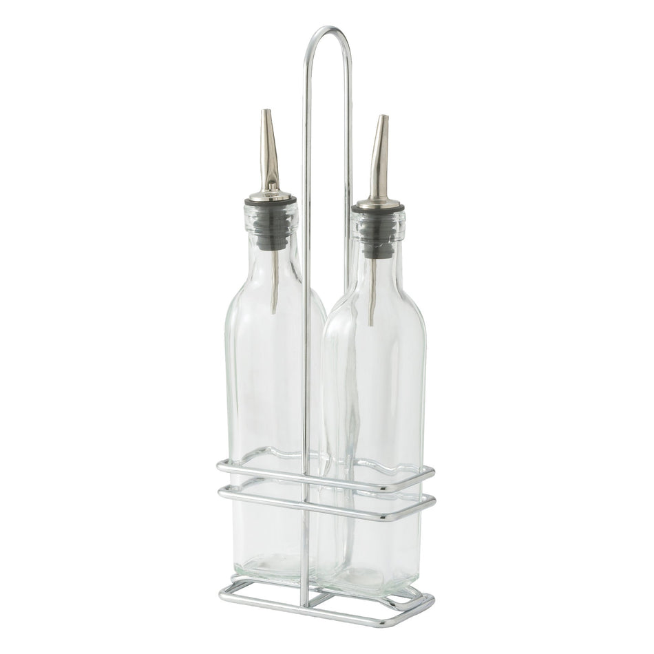 GOB-16S Oil/Vinegar Cruet Set with Chrome Plated Rack & Two Bottles - 16 oz