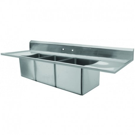 SH12143DWN - 3 Comp Drop-In Sink, 12” x 14” x 12”, w/ 2 Drainboard, 8” Rear Upturn, 18 ga.