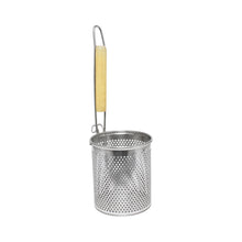 Load image into Gallery viewer, SLNS553 : 5&quot; x 5-1/2&quot; Round Flat Bottom Noodle Skimmer, Stainless Steel Mesh with 8-1/4&quot; Length of Wooden Handle